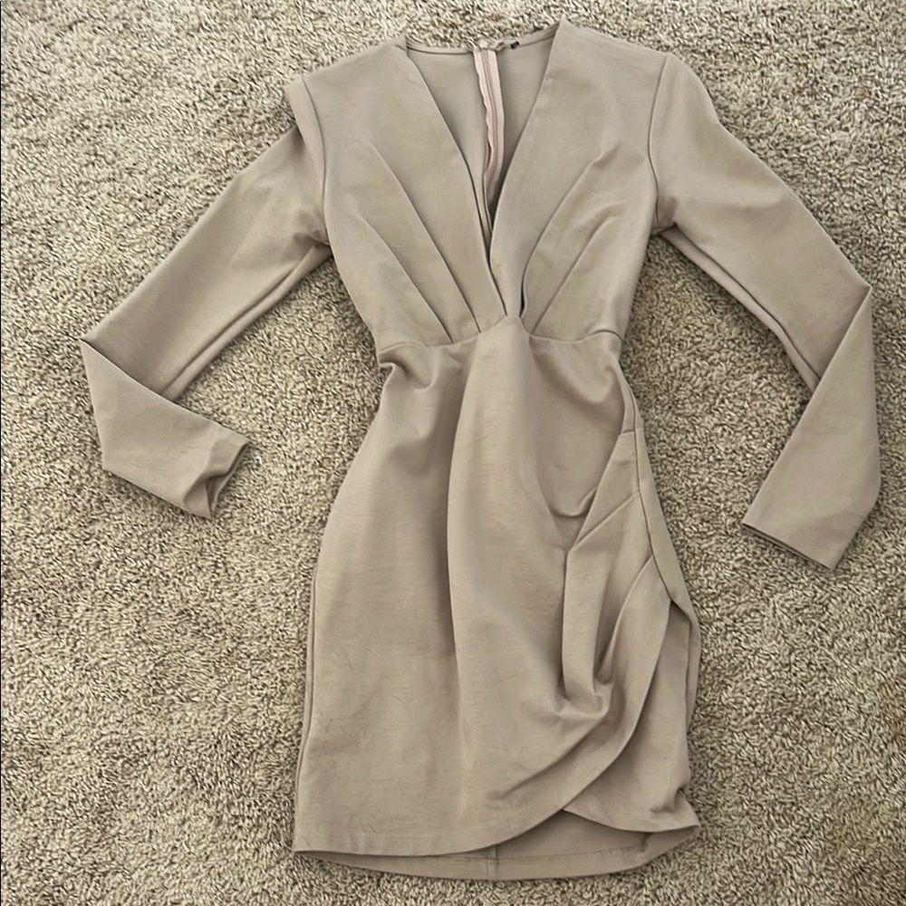 Source Unknown Tan Pleated Wrap Dress